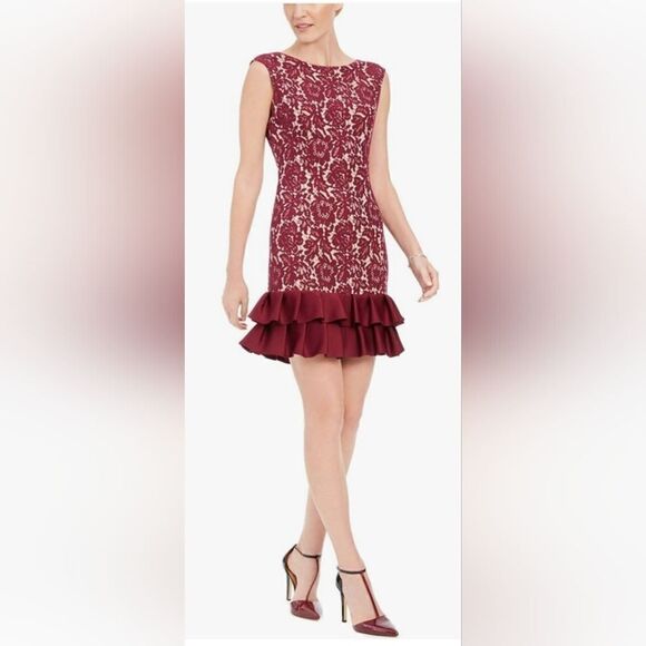 New Donna Ricco Women's Bonded Lace Sheath Dress with Ruffle Trim Hem size 6 - Picture 1 of 6